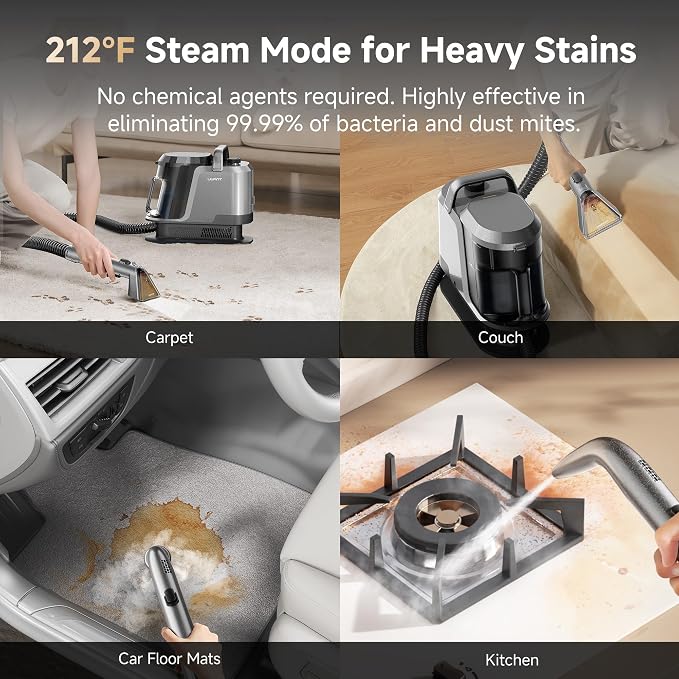 Uwant Carpet Cleaner Machine with Steam&Hot&Cold Water System 18Kpa Powerful Suction Upholstery Cleaner Machine with Pet Pro Cleaner for Pets, Carpet Steam Cleaner Set of 1