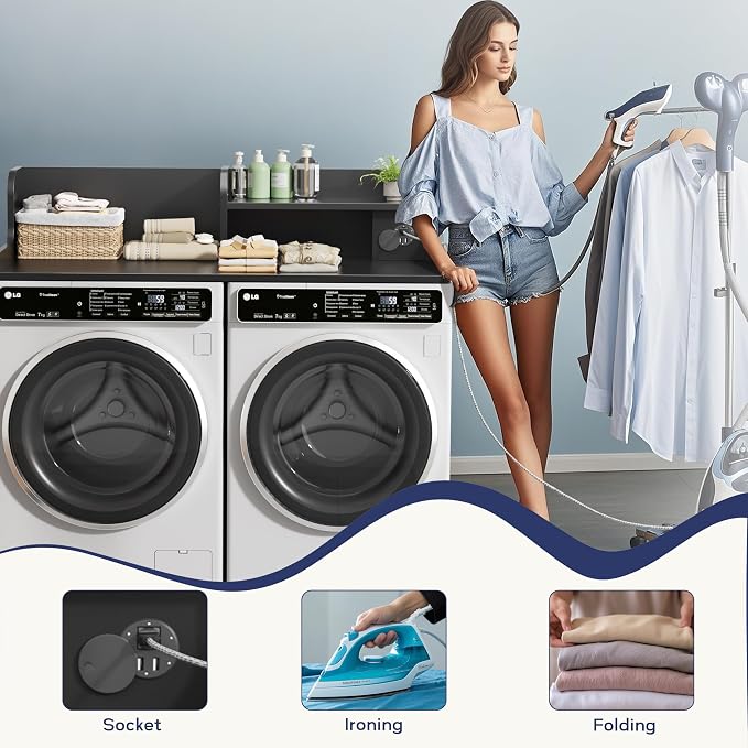 DTK Washer Dryer Countertop with Charging Station, 2 Tier Laundry Countertop with Anti-Slip Strips, 27.55" Depth x 54" Width, Wood Dryer Cover with Shelf, Black