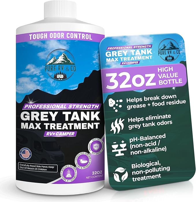 Grey Water Tank Treatment 32oz - RV Grey Tank Cleaner & Odor Eliminator | Enzyme Formula Breaks Down Grease, Soap & Food Waste | Septic Safe for Camper, Boat & Marine