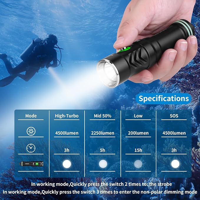 DQ-300 Scuba Diving Light, 4000 Lumens Super Bright Underwater Flashlight with 4 Degrees Narrow Beam, IP68 Waterproof Night Dive Torch 150 Meters Submersible Light (Rose red)