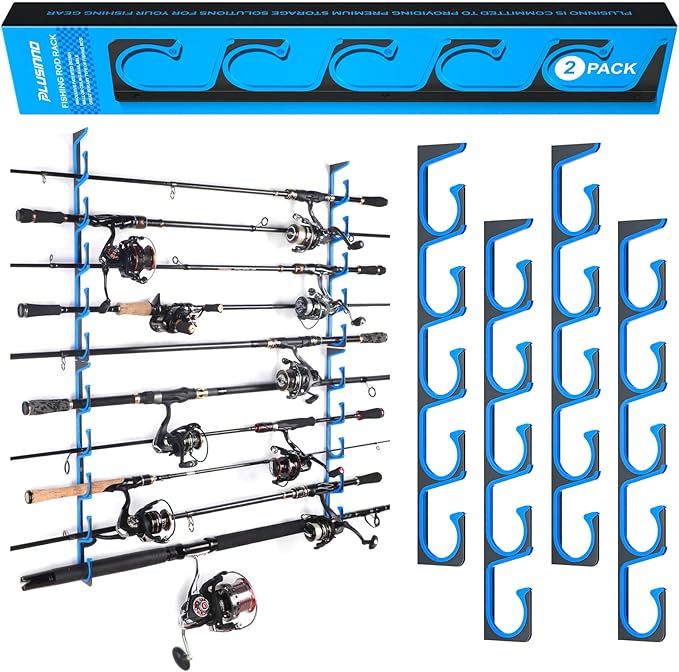 PLUSINNO H5 Horizontal Fishing Rod/Pole Holders for Garage, Wall Ceiling Mounted Fishing Rod Holder, Aviation Aluminum Fishing rod rack Holds up to 5/10/20 Rod or Combos Fishing Gear and Gifts for Men