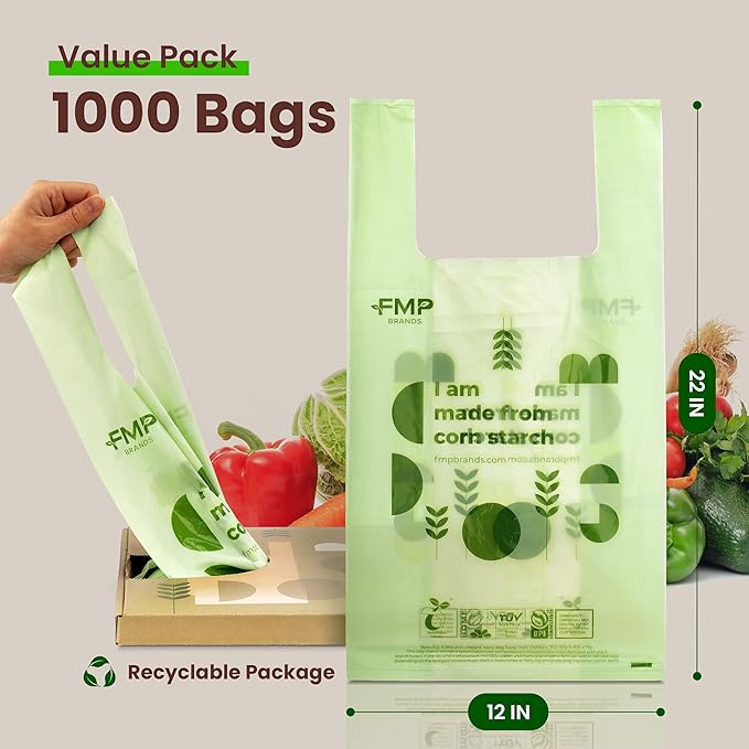 FMP Brands 100% Compostable Bags with Handle - 2.6 Gallon 0.78 Mil Grocery Shopping Bags, Small Garbage Bags for Bathroom, and Food Scrap, BPI & OK Compost Certified, ASTM D6400 Compliant [500 Count]