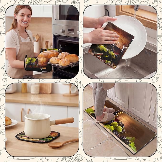10 Pcs Red Wine Kitchen Decor and Accessories Set, 4 Dish Towels Kitchen Rugs 2 Oven Mitts 2 Pot Holders, Home Decor for Cooking Baking BBQ Gifts Women Mom Housewarming