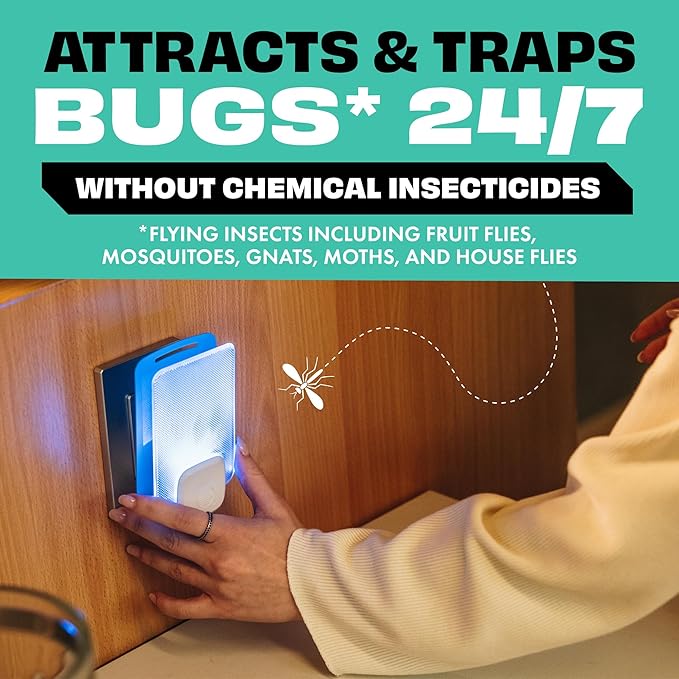 STEM Insect Trap - Indoor Fruit Fly & Gnat Pest Control for House, Home and Kitchen, Attracts & Traps Flying Bugs, Soft Blue Light - Includes 4 Plug-in Device & 4 Cartridges