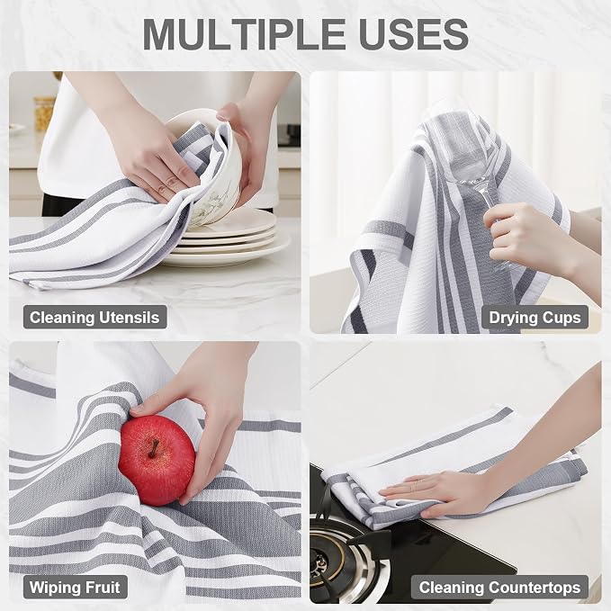 Homaxy Premium Kitchen Towels 18”x 28”, Large Cotton 380 GSM Kitchen Hand Towels, Stripe and Terry Dish Towel, Highly Absorbent Tea Towel Set with Hanging Loop, 6 Pack, Grey