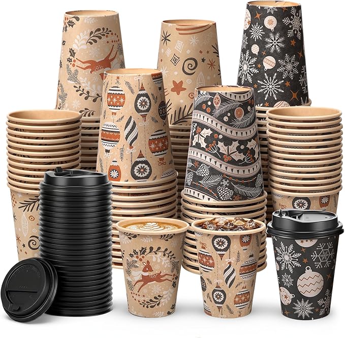 FoldTier 100 Pcs 12 oz Christmas Paper Cups with Lids Xmas Disposable Coffee Cups Holiday Kraft Paper Drinking Xmas Party Drinkware Supplies for Holiday Cocoa Beverage Cold Hot Drinks (Classic 4)