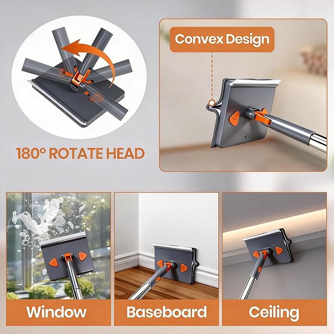 85'' Wall & Ceiling Mop with Long Handle, Wall and Baseboard Cleaner Tool, 2 Mop Heads (Triangle Corner + Square), 8 Reusable Washable Pads (Chenille/Microfiber/Scrub) for Shower Walls, Tile, Floors