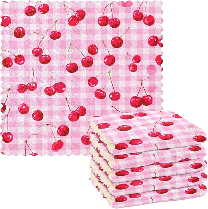 Pink Juicy Checkered Cherry Kitchen Towels Dish Cloths Set of 6 Microfiber Cleaning Cloths for Cars Super Absorbent Machine
