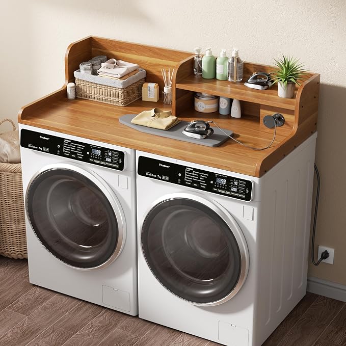 DTK Washer Dryer Countertop with Charging Station, 2 Tier Laundry Countertop with Anti-Slip Strips, 27.55" Depth x 54" Width, Wood Dryer Cover with Shelf, Maple