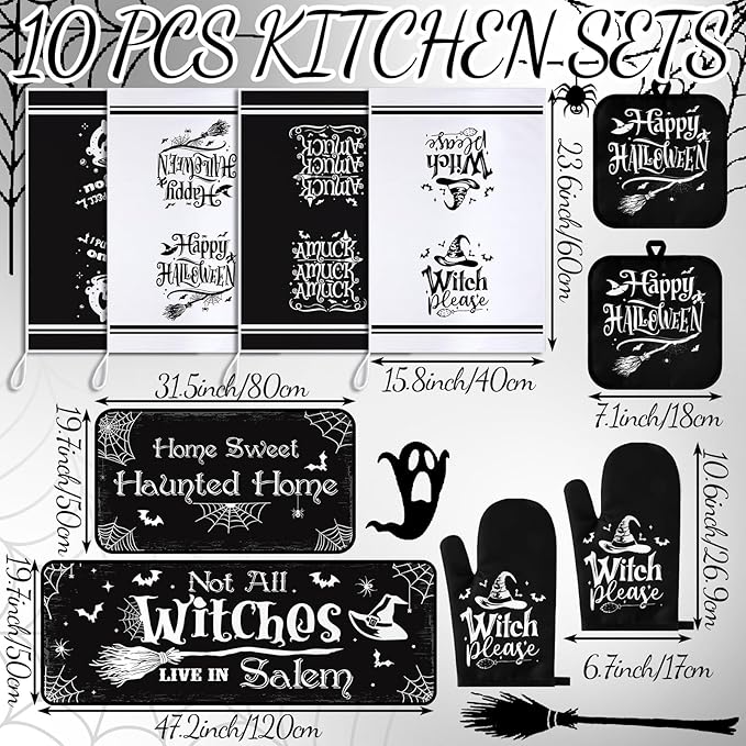 Fanfanwin 10 Pcs Halloween Kitchen Decor Set Witch Kitchen Towels and Rugs Pot Holders Oven Mitts Set for Home Cooking Dish Baking Decorative
