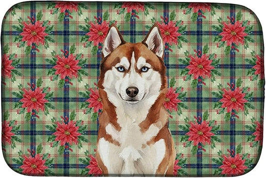 Caroline's Treasures Red and White Siberian Husky Christmas PoinsettIas Dish Drying Mat Absorbent Dish Drying Mat Pad for Kitchen Counter Dish Drainer Mat for Countertop, 14 x 21", Multicolor