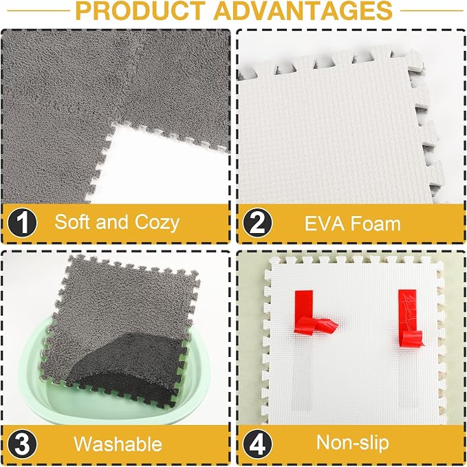 12 Pcs Plush Interlocking Carpet Tiles, Non-Toxic Foam Carpet Tiles for Toddler Baby, Anti-Slip, EVA Foam Interlocking Tiles for Floor, Nursery, Playroom, Grey White Black