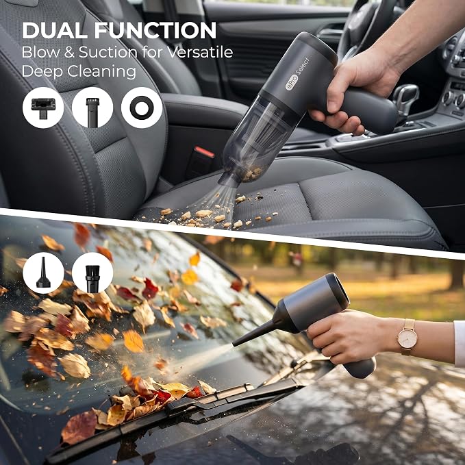Handheld Vacuum Cordless, 12000Pa 75W Mini Vacuum with Blower Function, 24 Mins Runtime, 0.14L Dust Bin, Compact Design with Multi-Accessories for Stairs, Car and Home
