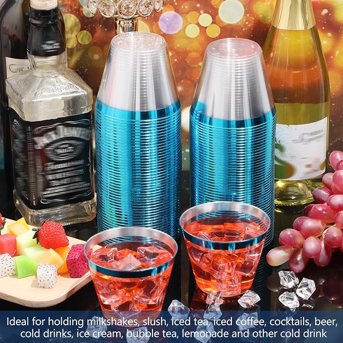 Lounsweer 100 Pcs 9oz Rimmed Plastic Cups Wedding Clear Cocktail Cups Heavy Duty Disposable Wine Glasses for Birthday Bridal Shower Baby Shower Holiday Celebrations(Light Blue)