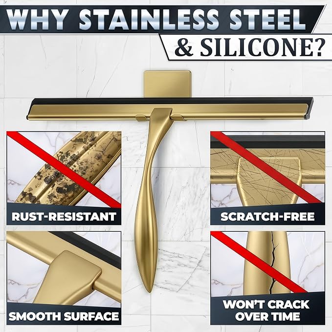 Shower Door Squeegee with Hook - 12" Silicone Blade, Stainless Steel Gold Squeegee for Shower Glass with Adhesive Mount - All-Purpose Bathroom Tile, Mirror, & Window Wiper for Streak-Free Cleaning
