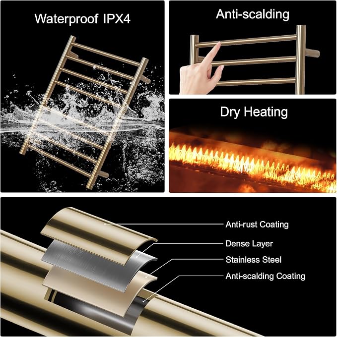 Electric Heated Towel Warmer - Wall Mounted Bathroom Towel Rack, Plug-in Design & Brushed Stainless Steel Finish 8 Bar Gold with Single Press