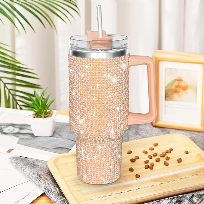 HWISDMIG 40oz Tumbler with Handle-Glitter Rhinestones Tumbler Bling Cups Stainless Steel Water Bottle Diamond Studded Tumbler for Women-Birthday Gifts for Women, Mom, Girlfriend (Peach Fuzz)