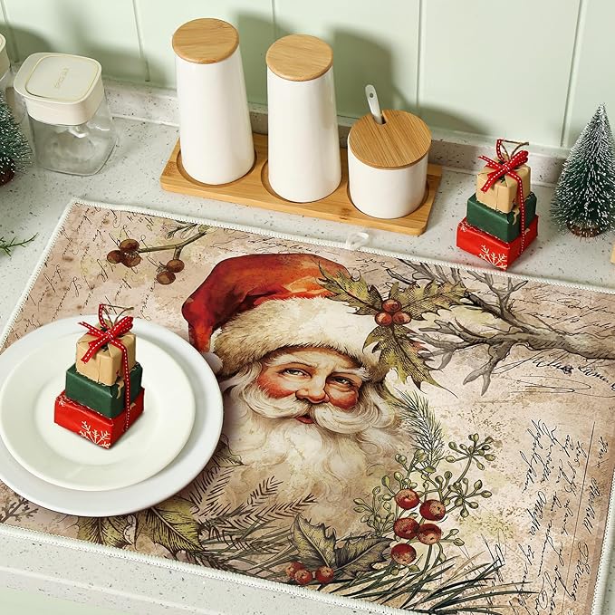 Meanplan Set of 6 Christmas Dish Drying Mats for Kitchen 24"x 16" Retro Xmas Kitchen Accessories Santa Berries Rectangle Table Mats Washable Absorbent Drainer Draining Dry Pad for Christmas Home Decor