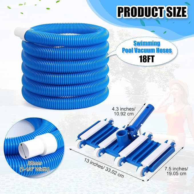 3 Pcs Pool Vacuum Kits Include 14" Vacuum Head with 47" Adjustable Pole with 1-1/2" x 18ft Long Hoses Flexible Head with Wheels for Above Ground Inground Pond Spa Hot Tub