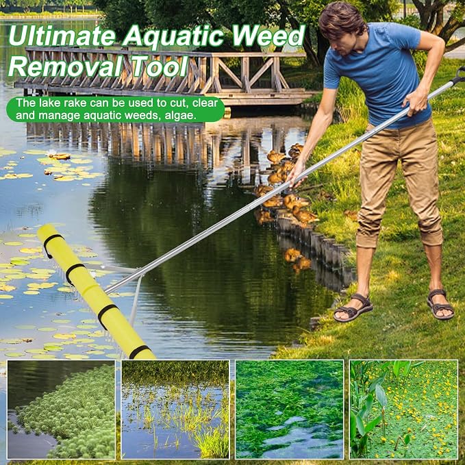 Pond Rake, 36" Aquatic Lake Weed Rake with 8.5' (102'') Adjustable Extension Pole, Rope and Float, 52' Throw, Aluminum Landscape Harrow for Lake, Lawns, Gardens, Beach