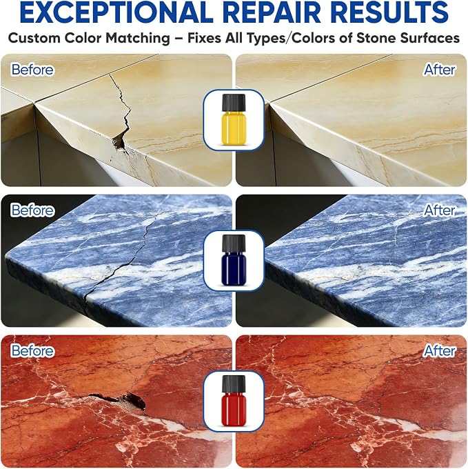 Marble and Granite Repair Kit (DIY Color Match) - 30-Min Quick-Drying Quartz Countertop Repair Kit on Granite Marble Tiles Stone Surfaces - Tile Porcelain Repair Kit for Chips Cracks Scratches Holes