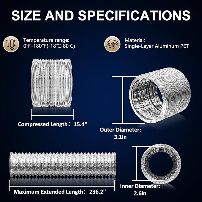 Dryer Vent Hose 3 Inch 19.5FT Aluminum Foil Flexible Ducting, Heavy-Duty HVAC Ventilation Duct for Kitchen Exhaust, Grow Tent, Bathroom Ventilation