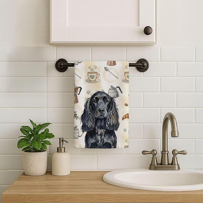Caroline's Treasures Black English Cocker Spaniel Coffee Bar Kitchen Towel Velour Plush Front and Cotton Loop Back Machine Washable