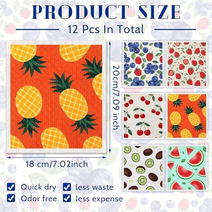 Mifoci 12 Pcs Fruit Swedish Kitchen Dishcloths 7 x 8 Inch Reusable Vintage Fruit Dish Towels Absorbent Cotton Cleaning Cloths for Kitchen Cleaning Wipes Housewarming