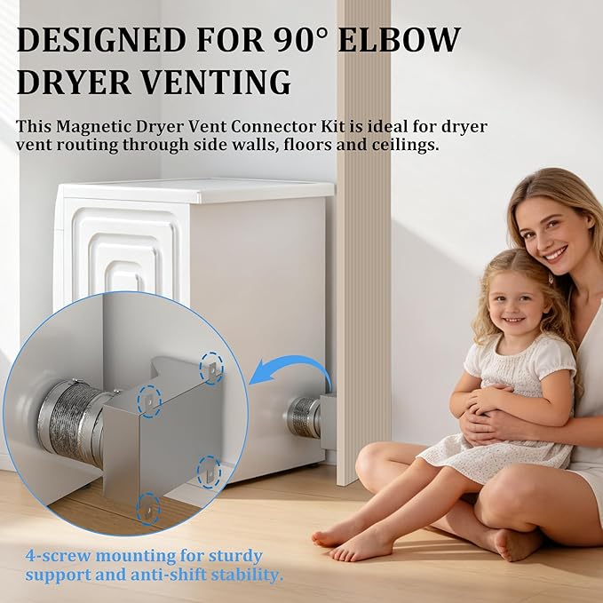 Magnetic Dryer Vent Coupler 90 Degree Elbow, Strong Magnetic Self-Connection Dryer Vent Connector Kit, Stainless Steel Airtight Seal for Dryer Venting, Includes 2.6ft 4IN Duct & Clamps