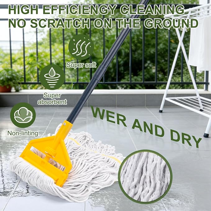 KeFanta Commercial Mop with 3 Extra Large Replacement Heads, 59Inch Handle Heavy Duty Industrial Mops Looped-End String Wet Cotton Mop for Home,Kitchen,Office,Garage,Workshop, Warehouse Floor Cleaning
