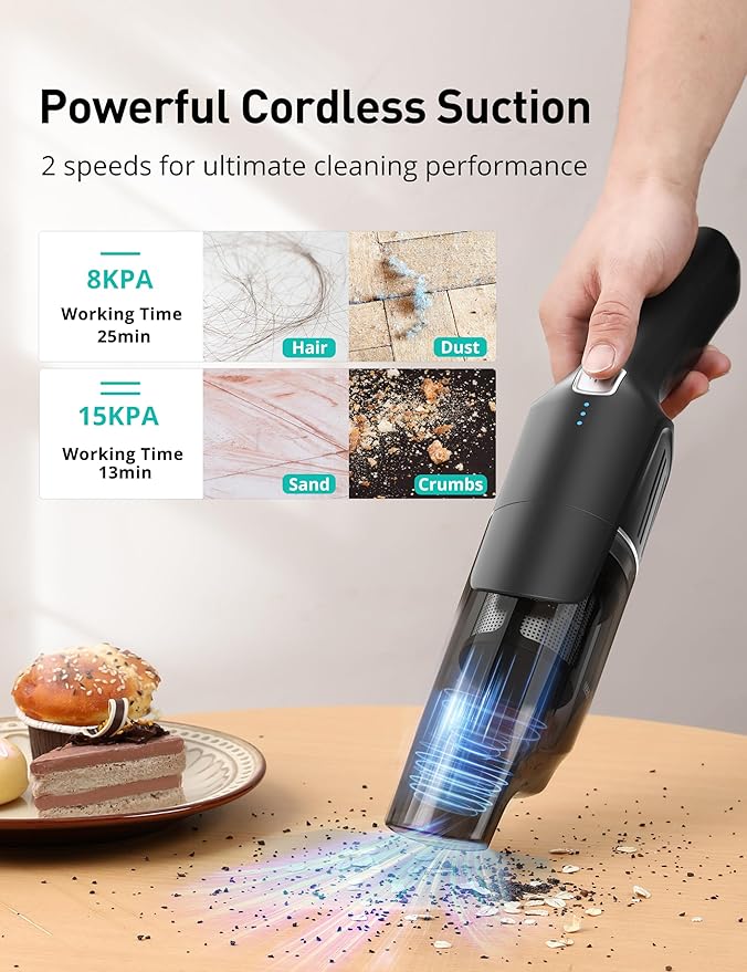 Handheld Vacuum Cordless, 24KPA Powerful Car Vacuum, Rechargeable, Charging Dock, Ergonomic Handle, 2-in-1 Crevice Tool, 1.8lb Portable Vacuum Cleaner with 2-Speed for Car, Home