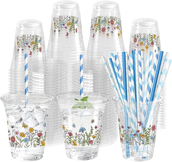 50 Sets Wildflower Plastic Cups with Lids Straws 12 oz Floral Disposable Cups Spring Flower Party Favor Drinking Beverage Cup for Baby Shower Birthday Party Supplies