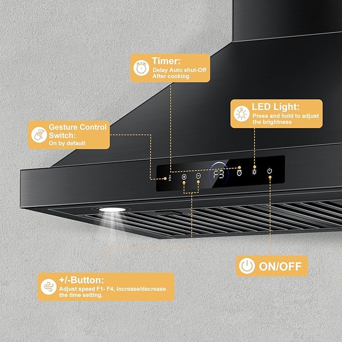 30 inch Range Hood Wall Mount, 1200 CFM with 4-Speed Gesture Sensing & Touch Control, Stainless Steel Ducted Kitchen Stove Vent Hoods with 2 LED Lights, Time Setting, Dishwasher-Safe Baffle Filters
