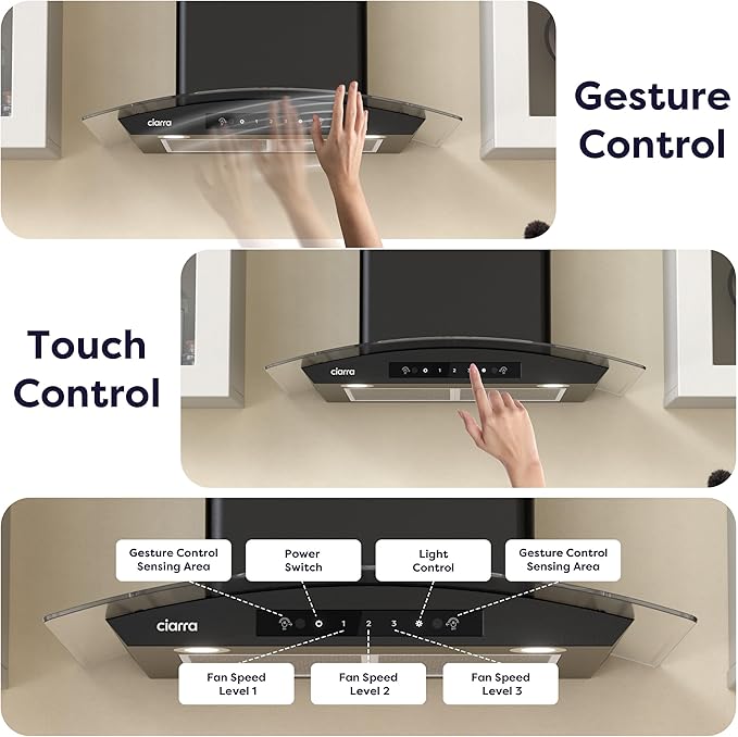 CIARRA Black Range Hood 30 inch 650 CFM Gesture & Touch Control Stove Vent Hood for Kitchen with 2 Level LED Light, 3 Speed Exhaust Fan, Ducted Ductless Mode, Easy to Install