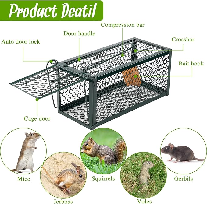 Qualirey 2 Pcs Humane Rat Trap Chipmunk Rodent Mouse Squirrel Trap 9.1 x 4.5 x 4.5 Inches Live Animal Mouse Voles Hamsters Live Cage Rat Cage for Mice Easy to Catch and Release (Green)