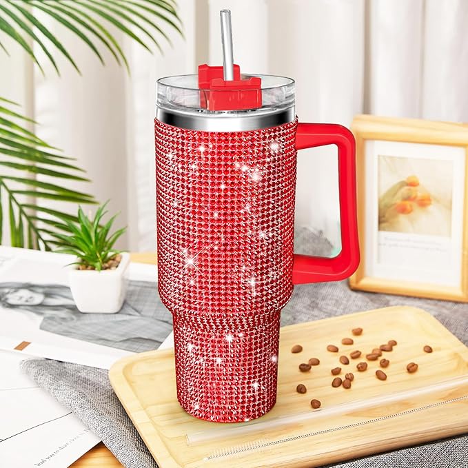 HWISDMIG 40oz Tumbler with Handle-Glitter Rhinestones Tumbler Bling Cups Stainless Steel Water Bottle Diamond Studded Tumbler for Women-Birthday Gifts for Women, Mom, Wife, Girlfriend (40 oz,Red)