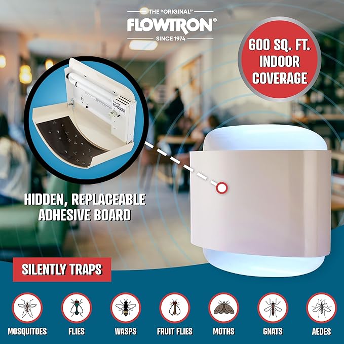 Flowtron Fly Trap Indoor Wall Sconce | Electric Insect Killer for Flies & Gnats with Dual Lure Method 40W UV Light & Pheromone Attractant | Sticky Strips, 600 Sq Ft for House & Kitchen