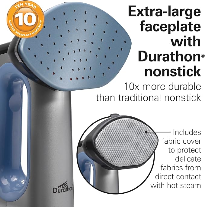 Hamilton Beach Durathon 3-in-1 Travel Steamer for Clothes & Steam Iron | 45 Second Heat-Up with 1700 Watts | 300ml Removable Water Tank | 27 Minutes of Steam | Auto Shutoff | Gray & Blue | 11559