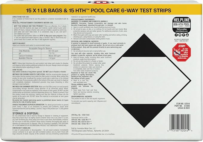 HTH 52046 Pool Care Shock Advanced, Swimming Pool Chemical - Cal Hypo Formula, Prevents Bacteria & Algae, Restores Crystal Clear Water - Shock Treatment, 1lb (15 Pack) + 15 HTH Pool Care Test Strips