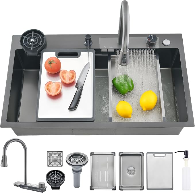 27" x 18" Black-Gray Waterfall Kitchen Sink, Drop In Stainless Steel Modern Single Bowl Sink with Pull-Out Spray Faucet, Cup Washer & Accessories