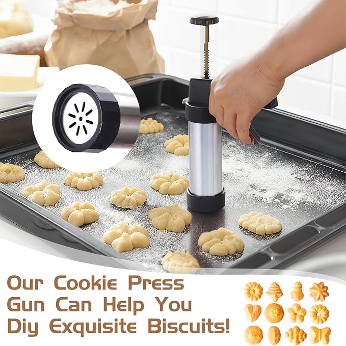 Ideal Swan Stainless Steel Cookies Press with 13 Cookie Discs and 9 Piping Tips Cleaning Brush & Filling Piping Bag, Stainless Steel Churro Maker Machine for DIY cake Maker Decorating Baking Supplies