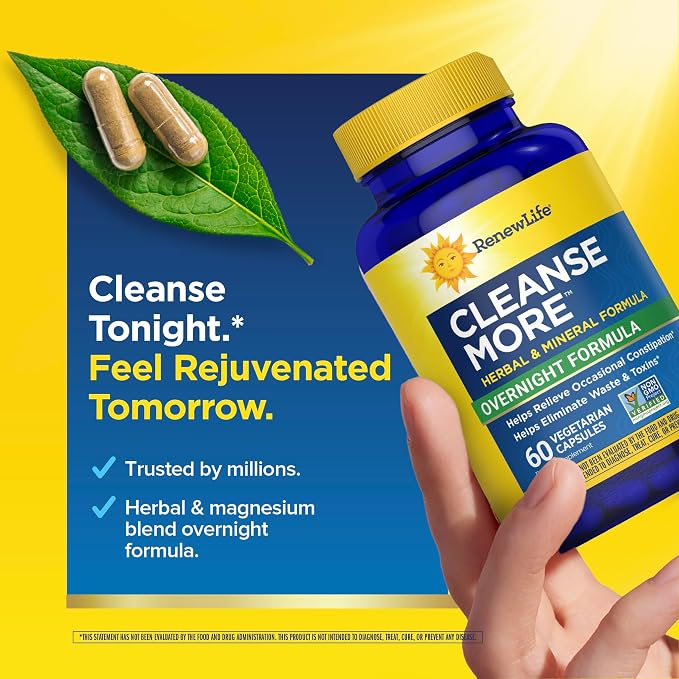 Renew Life Cleanse More Herbal Formula with Magnesium for Overnight Occasional Constipation Relief; Helps Promote Waste and Toxin Elimination; Gluten, Dairy and Soy Free; 60 Vegetarian Capsules*