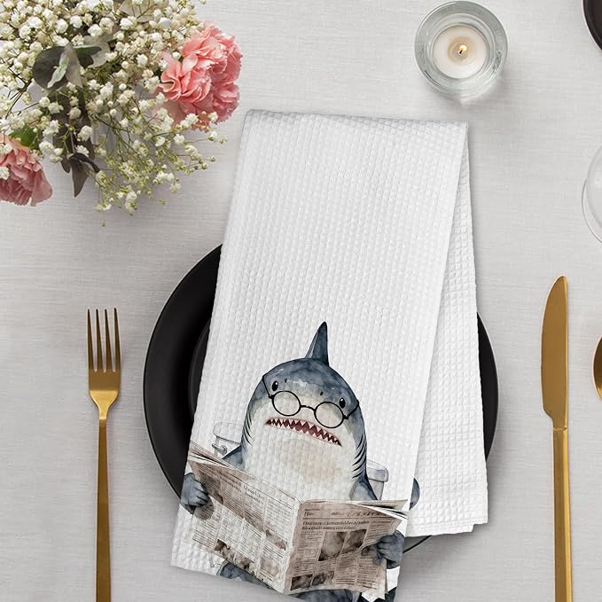Funny Ocean Shark Hand Towels for Bathroom Washroom Decor, Shark Themed Gifts for Boys Kids, Sharks Decorative Hand Towels Set of 2, Coastal Sharks Reading Newspaper Dish Tea Towels, 16x24 In