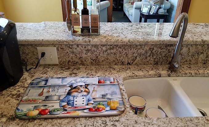 Caroline's Treasures DAC6325DDM Sheltie The Chef Dish Drying Mat Absorbent Dish Drying Mat Pad for Kitchen Counter Dish Drainer Mat for Countertop, 14 x 21", Multicolor