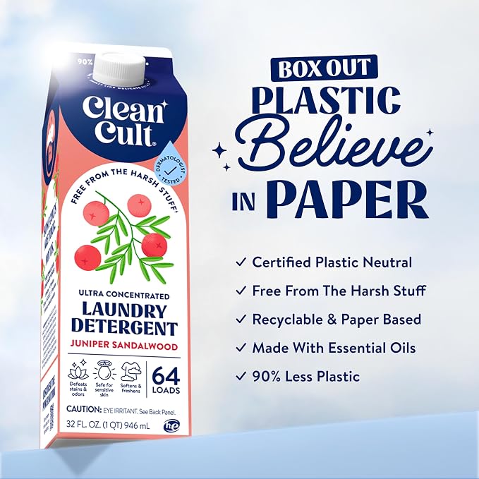 Ultra Concentrated Liquid Laundry Detergent Soap, 64 loads (32 oz), Long Lasting Scent, 90% Less Plastic, No Harsh Chemicals, Juniper Sandalwood, Defeats Stains & Odors, HE/Standard Compatible
