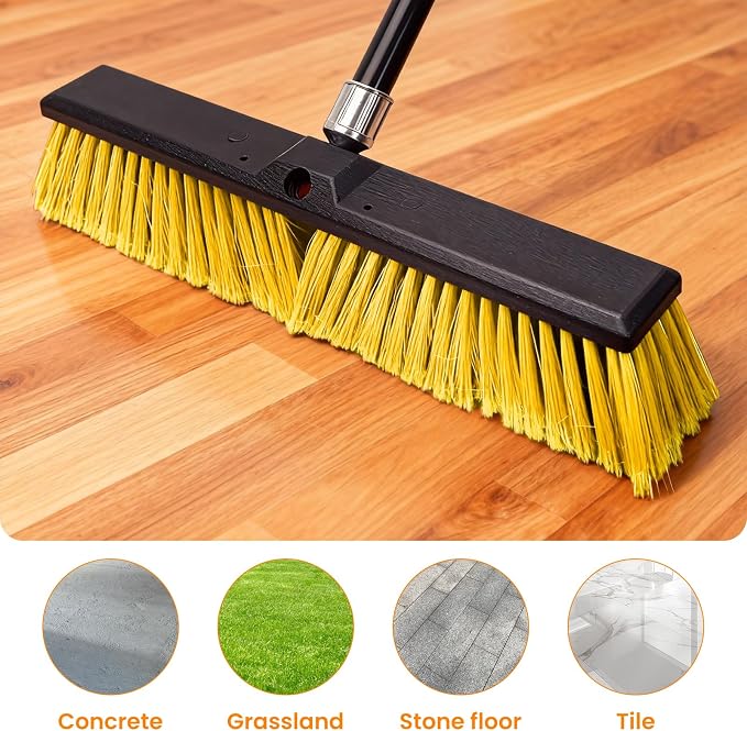 3 Pack 24" Push Broom Outdoor, Heavy Duty Broom with 62" Long Handle, Stiff Bristle Garage Broom for Patio Deck Driveway Concrete Floor Shop Warehouse Cleaning