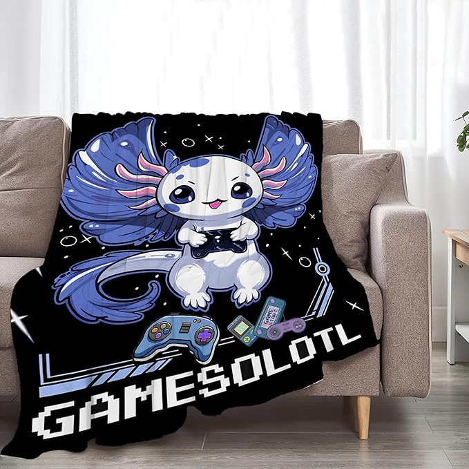 Axolotl Gaming Blanket Throws Axolotl Gifts Cute Axolotl Game Throw Blanket for Boys Kids Gamesolotl Blanket Adults Soft Warm Cozy Fleece Blanket for Couch Sofa Bed 50"x40"