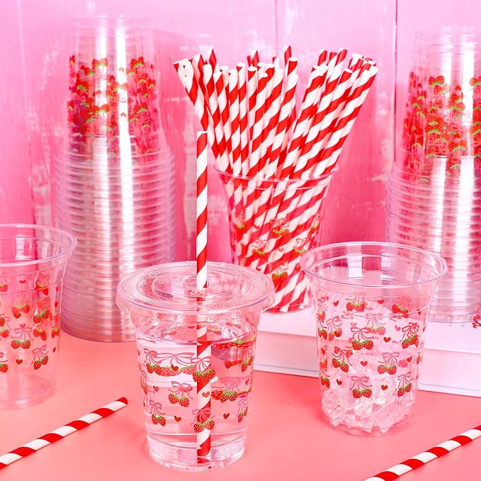 JarThenaAMCS 50Pcs Pink Bow Strawberry Disposable Plastic Cups with Lids and Straws 12Oz Cute Bowknot Strawberry Cold Beverage Drinking Cups for Summer Birthday Wedding Party Supplies