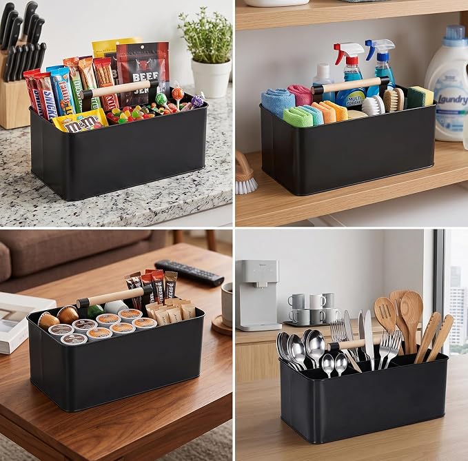 Cleaning Caddy with Handle, Black Metal Supply Organizer | Metal body, 12.8 in caddy, bathroom and under sink storage, wooden handle, divided layout, smooth rounded edges