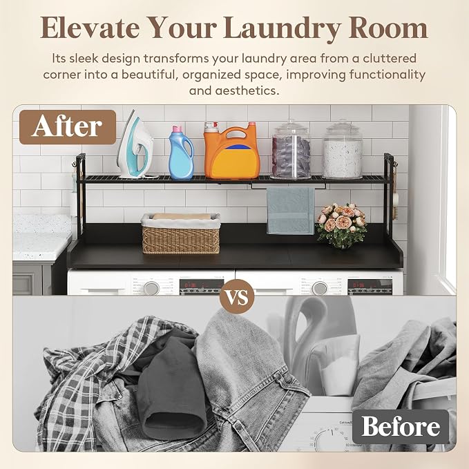 Lifewit Washer Dryer Countertop with Adjustable Shelf, Melamine Cover for The Top with Edge Rails, Towel Rack for Laundry Room Storage and Organization, Hold 200lbs, Black, 54" x 27.5"